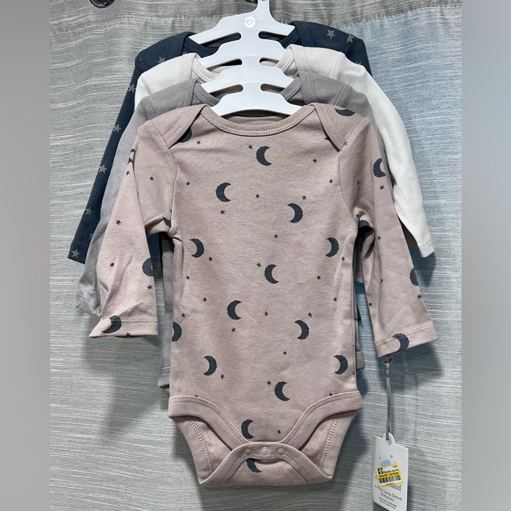 Cloud Island 4PK Long Sleeve Shirt Bodysuit Moons and Stars Sizes 0-12M NWT